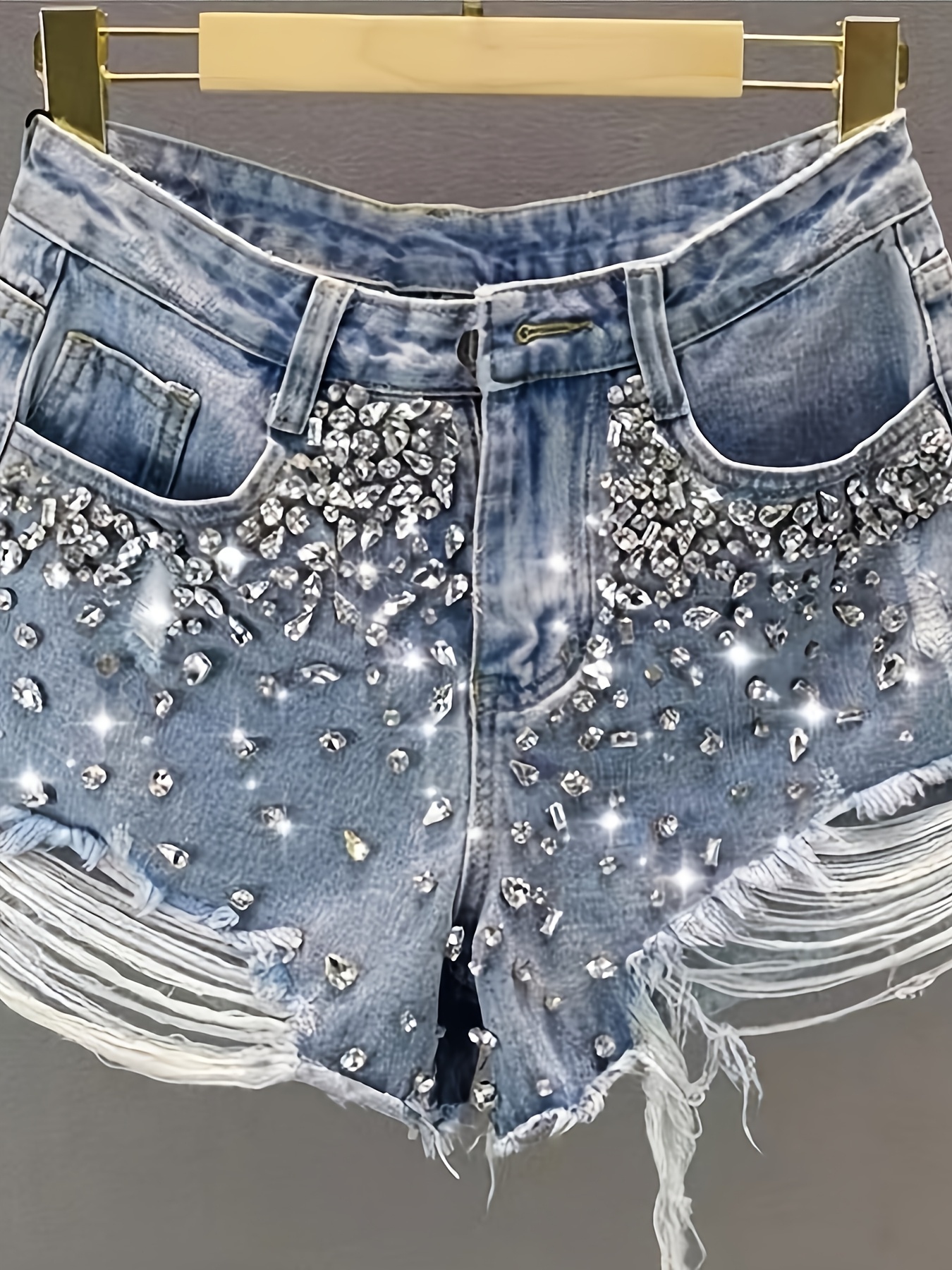 Hot Girl Style Rhinestone Ripp - Shorts Denim Frayed 评论和价格