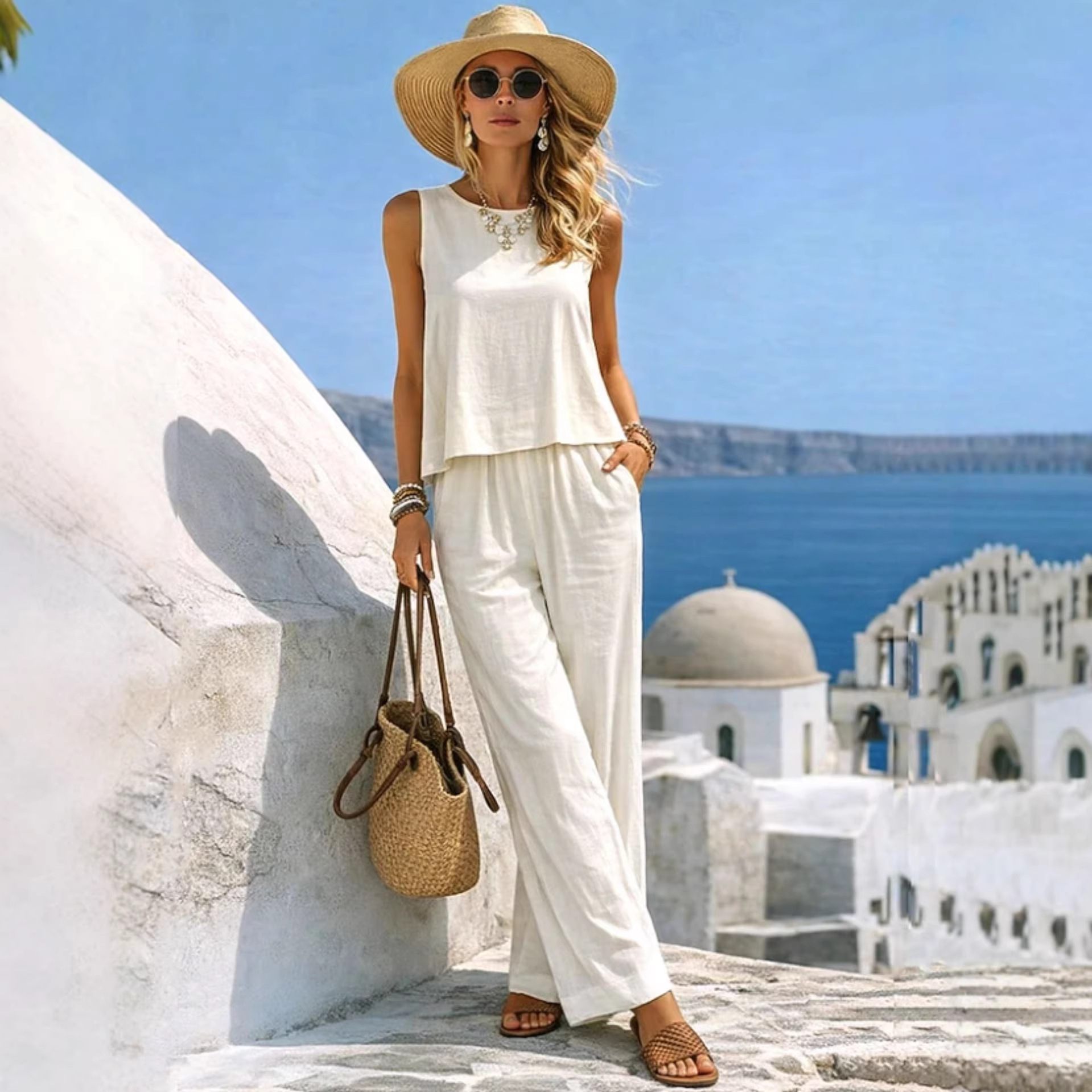  Women's Vacation 2 Piece Outf - Linen Pant Wide 评论和价格