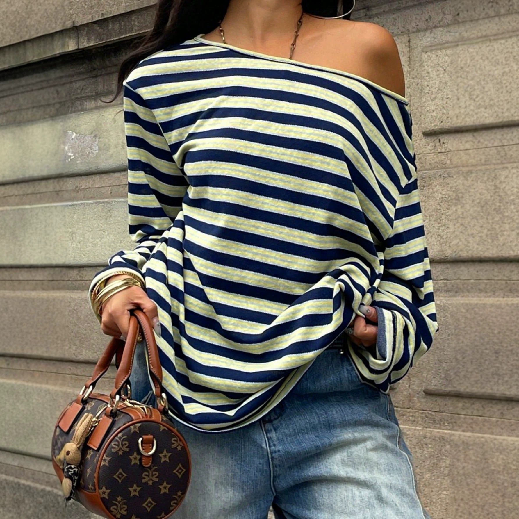 Women's Oversized Striped Blue - Blouse Off Shoulder 评论和价格