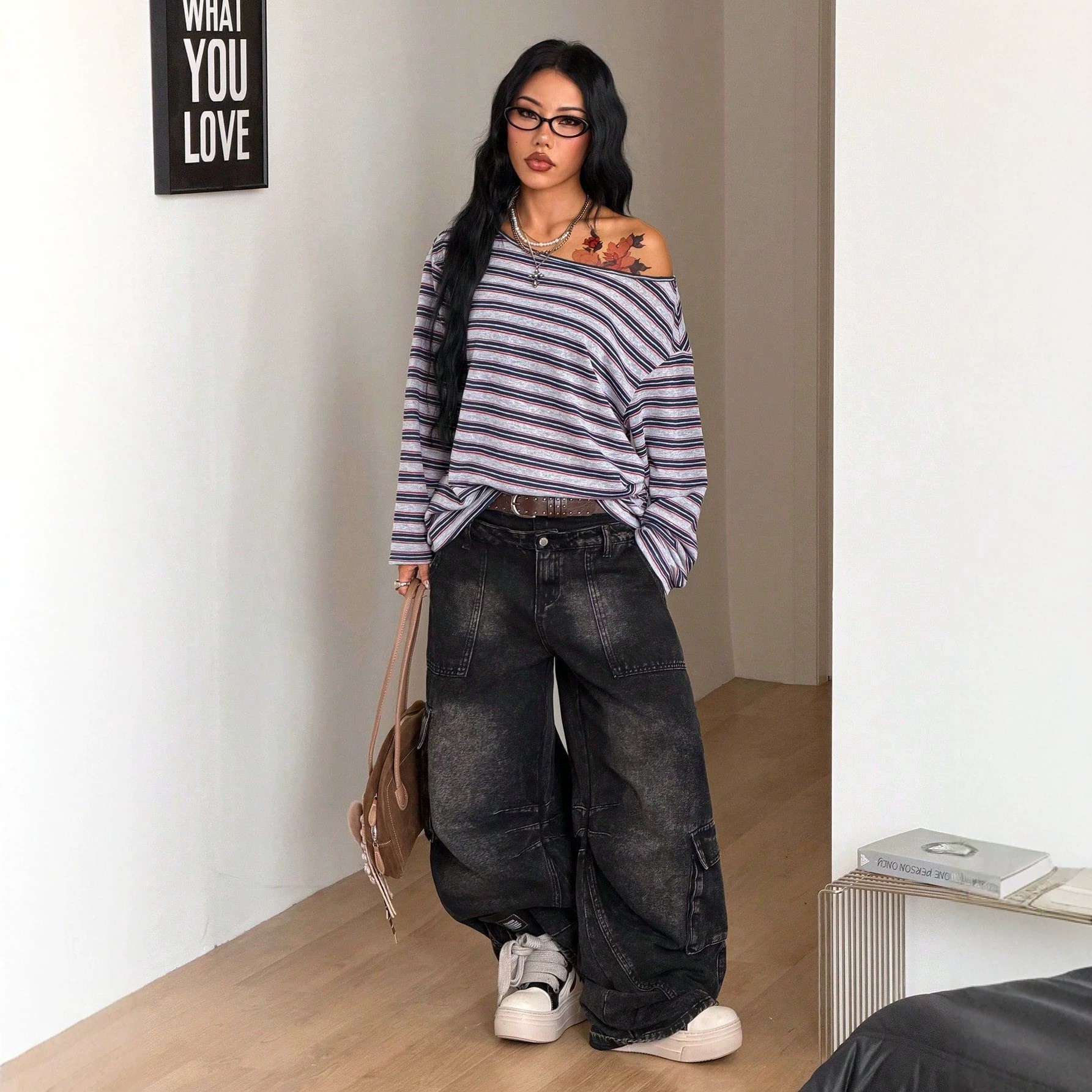 Women's Oversized Striped Blue - Blouse Off Shoulder 评论和价格