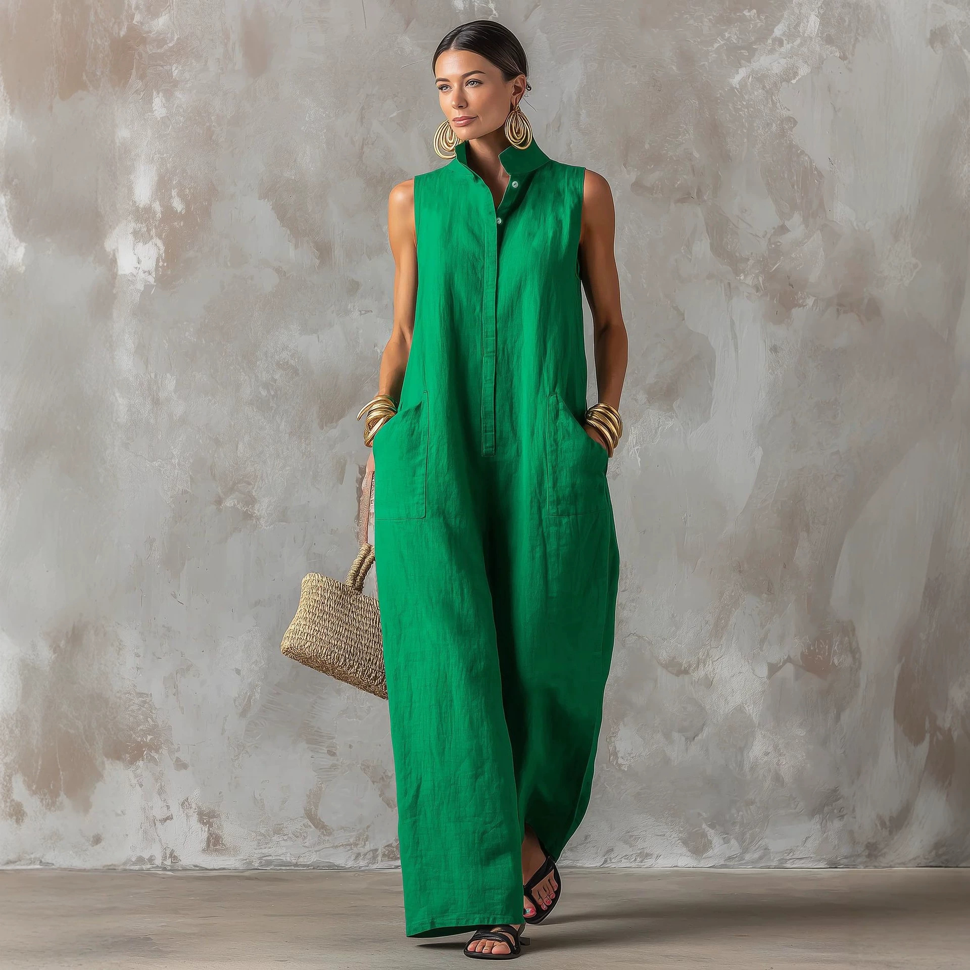 Linen Blend Jumpsuit Sleeveles - Jumpsuit Linen Relaxed 评论和价格