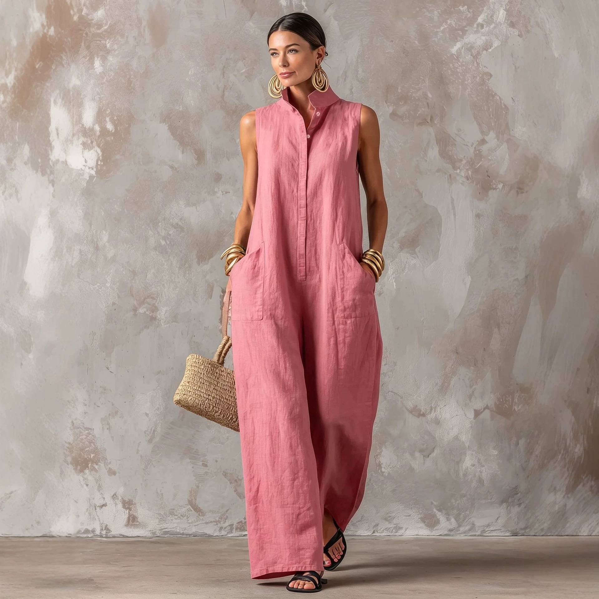 Linen Blend Jumpsuit Sleeveles - Jumpsuit Linen Relaxed 评论和价格