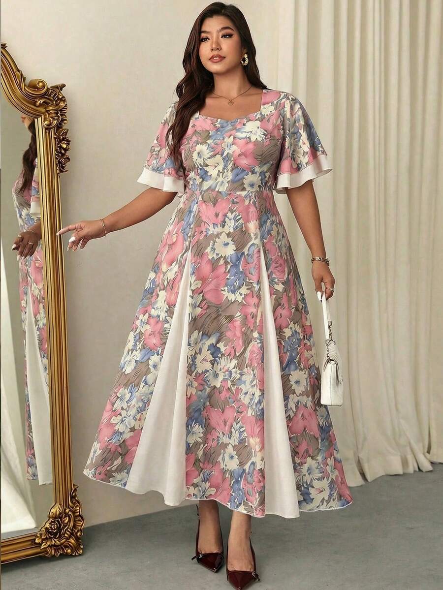 Plus Size Floral Print Square  - Romper Floral Print 评论和价格