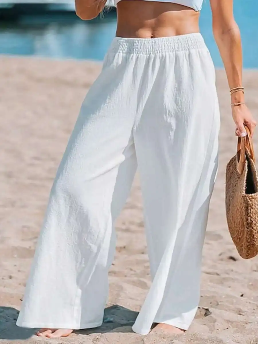 Women High Waist Loose Wide Le - Linen Pant Wide 评论和价格
