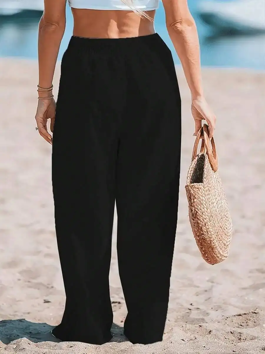 Women High Waist Loose Wide Le - Linen Pant Wide 评论和价格