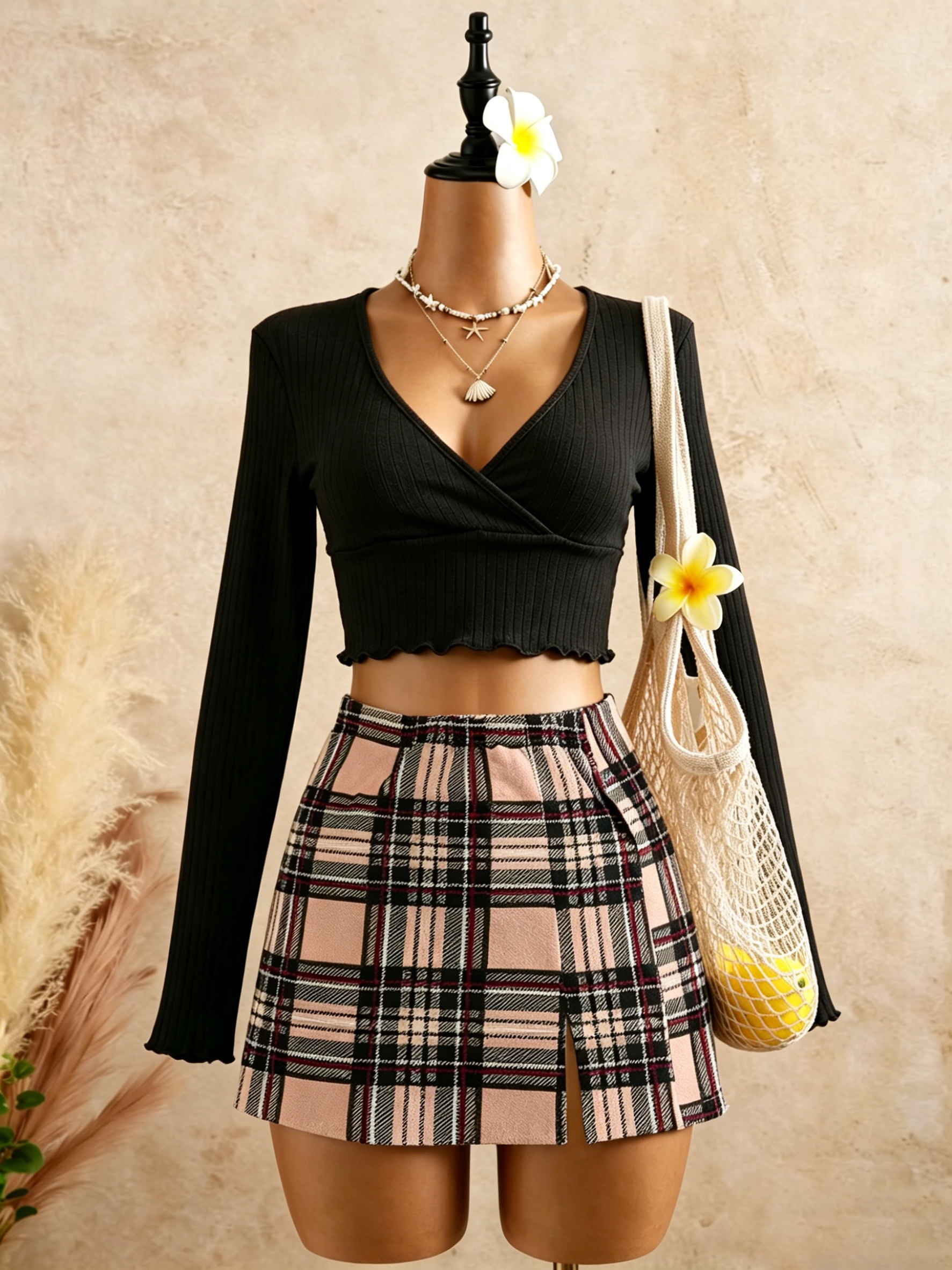 Women Black Wrap V Neck Ruffle - Crop Top Crochet 评论和价格