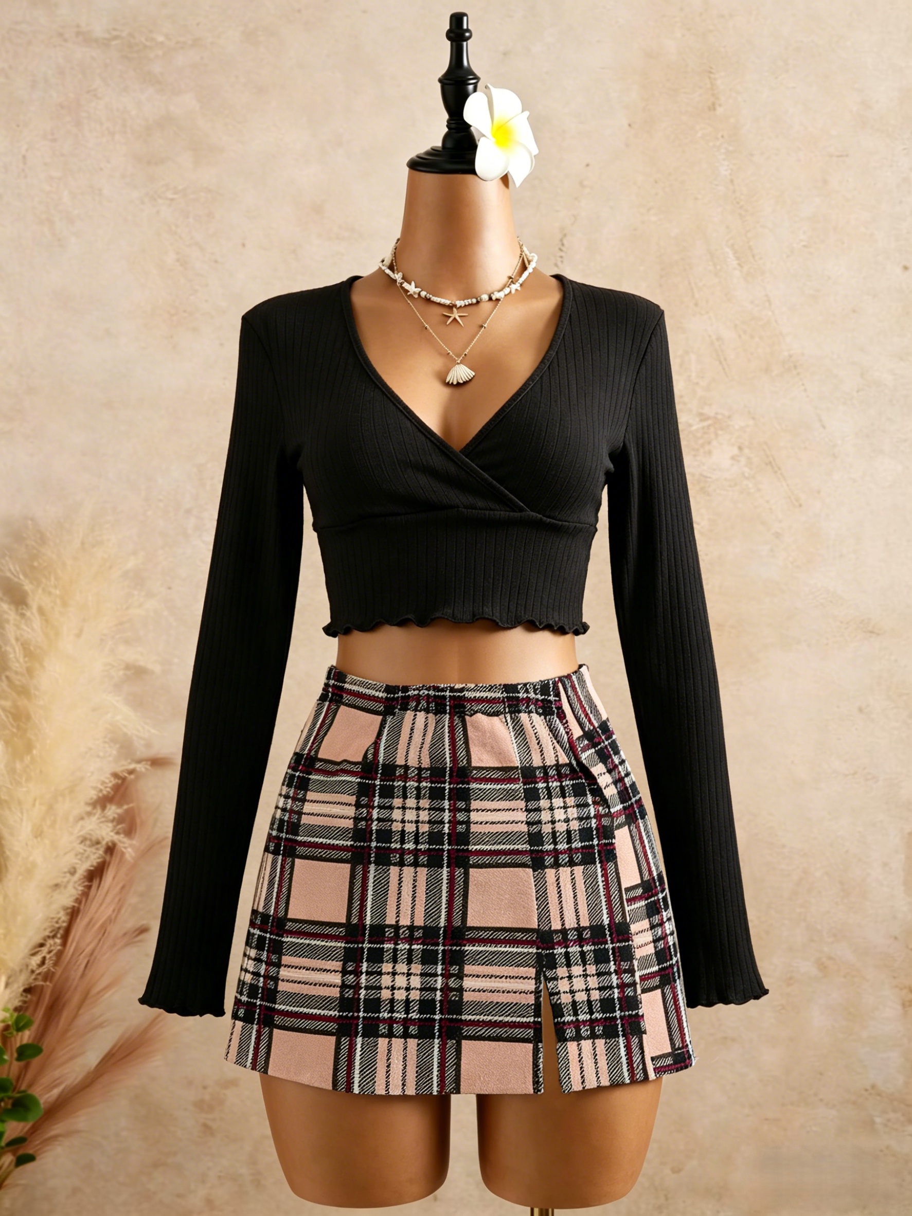 Women Black Wrap V Neck Ruffle - Crop Top Crochet 评论和价格