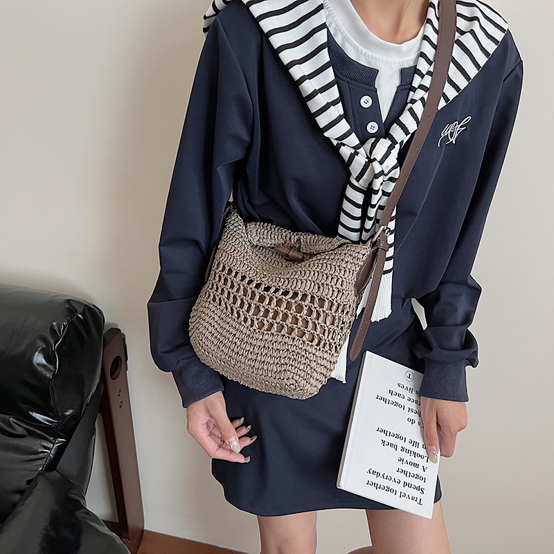 Small Woven Straw Bucket Bag L - Crochet Bag Raffia 评论和价格