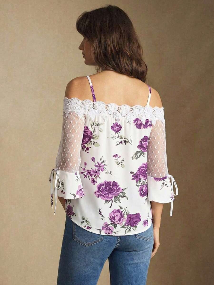 Purple Floral Print Off Should - Blouse Off Shoulder 评论和价格