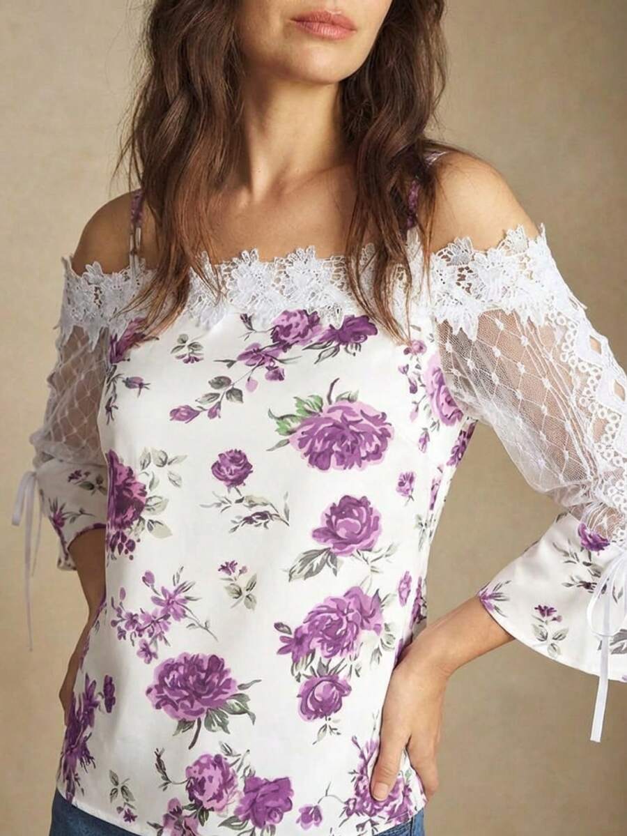 Purple Floral Print Off Should - Blouse Off Shoulder 评论和价格