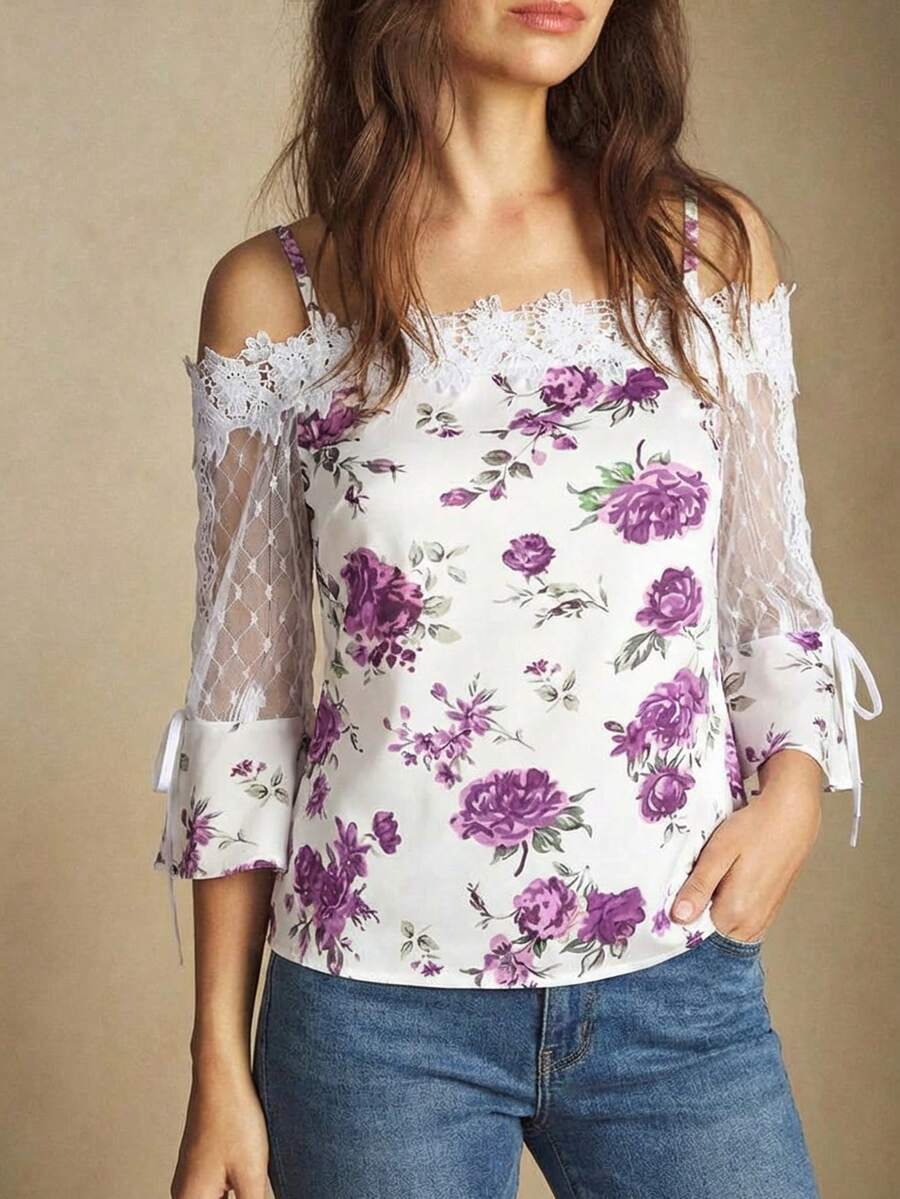 Purple Floral Print Off Should - Blouse Off Shoulder 评论和价格
