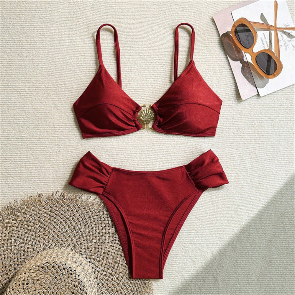 Metal Shell Ring Swimwear Sexy - Swimsuit Bikini Ruched 评论和价格