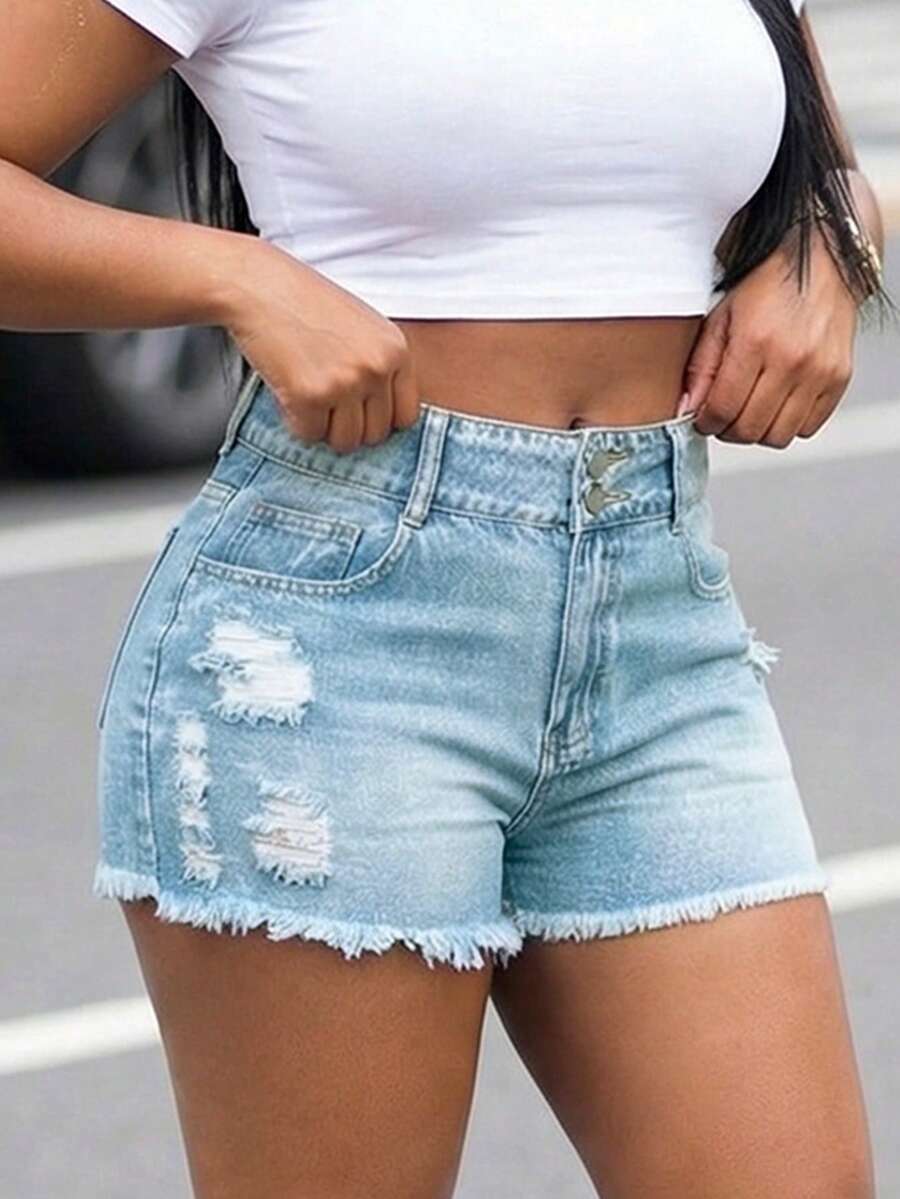 Women High Waist Denim Shorts  - Shorts Denim Frayed 评论和价格