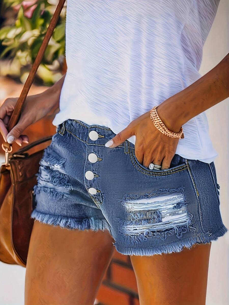 Womens Buttoned Distressed Den - Shorts Denim Frayed 评论和价格