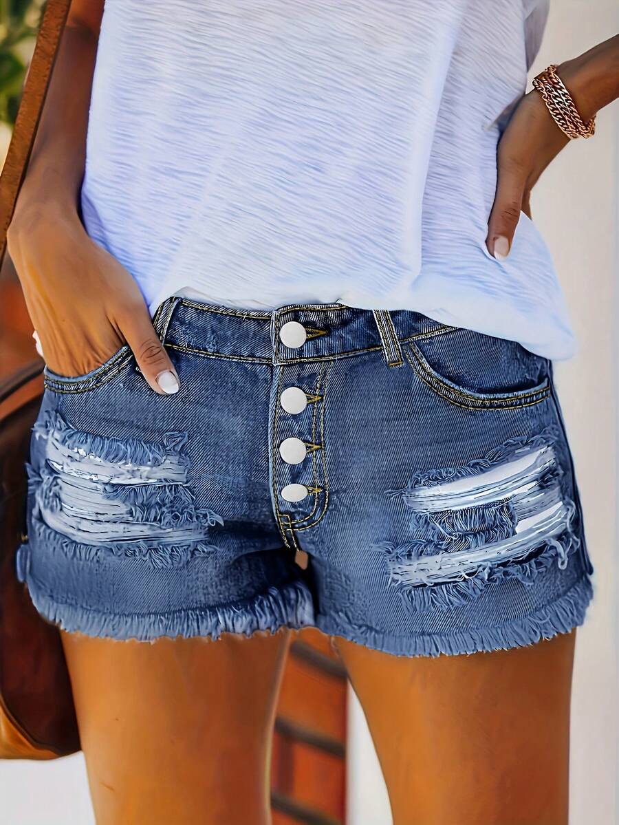 Womens Buttoned Distressed Den - Shorts Denim Frayed 评论和价格